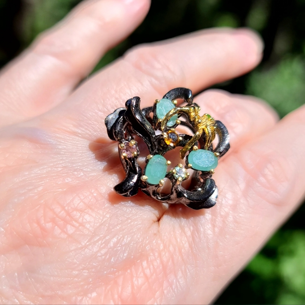 Emerald Peridot Tourmaline citrine aquamarine spider sterling silver ring sz9 - Picture 15 of 15
